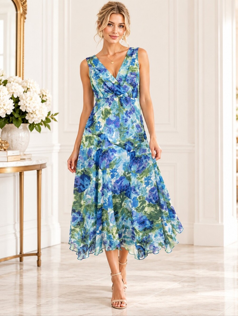Studio 1940 Blue Green Floral Chiffon Midi Dress | Size 16